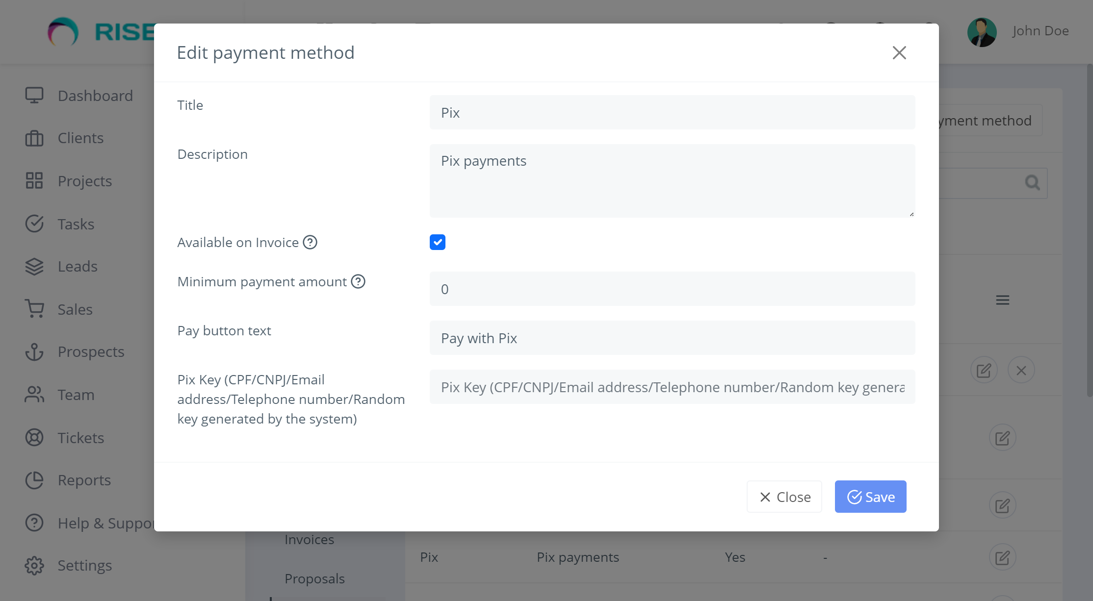 Pix payment method for RISE CRM by ClassicCompiler | CodeCanyon