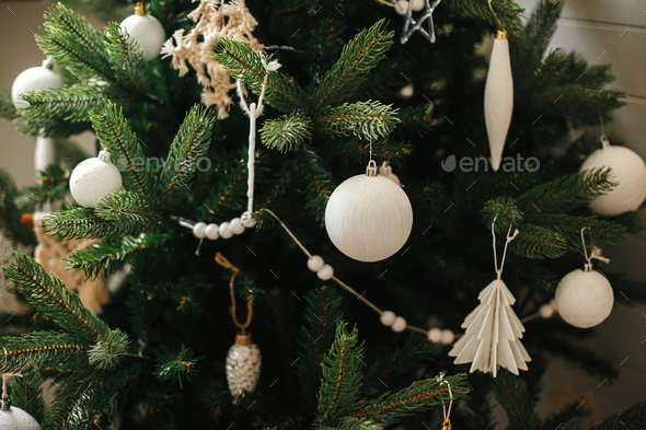 Modern boho christmas tree ornaments, white baubles, wooden