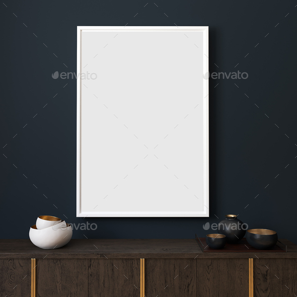 Picture mockup with white vertical frame on dark blue wall. Stylish dark interior