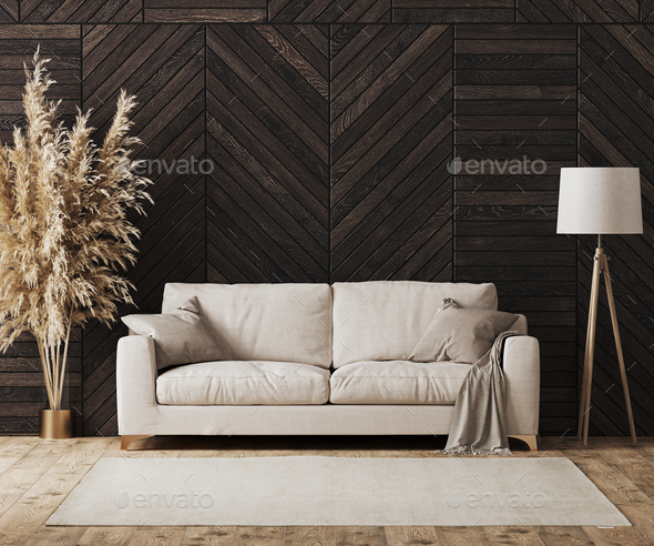 Modern Luxury Living Room Interior With Beige Sofa And Decorative Wood Wall Panel Parquet Floor Stock Photo By Vasiliymorn - Contemporary Wall Panels For Living Room