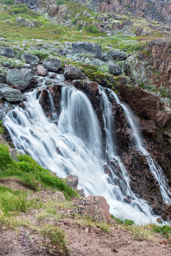 Waterfall in the north of Russia - Stock Photo - Images