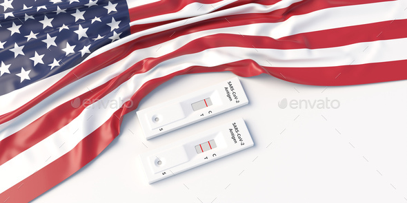 US Covid self testing, Coronavirus antigen rapid tests kits and United States of America flag.