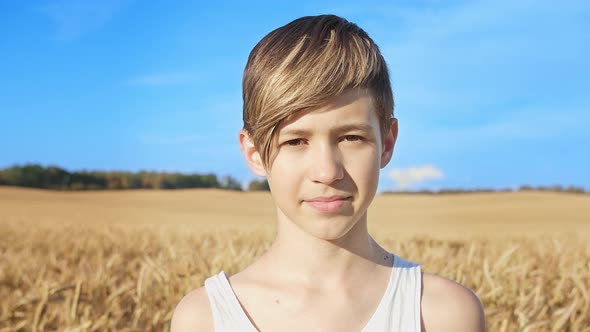 Portrait of a Boy with a Stylish Hairstyle Looking at the Camera at the Wheat Golden Field