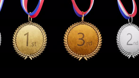 Endless animation of a line of silver, gold, bronze sports medals. Set of awards alt
