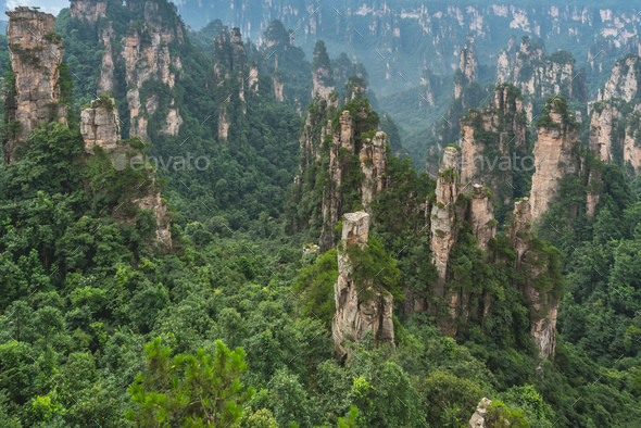 Stone pillars of Tianzi mountains in Zhangjiajie - Stock Photo - Images
