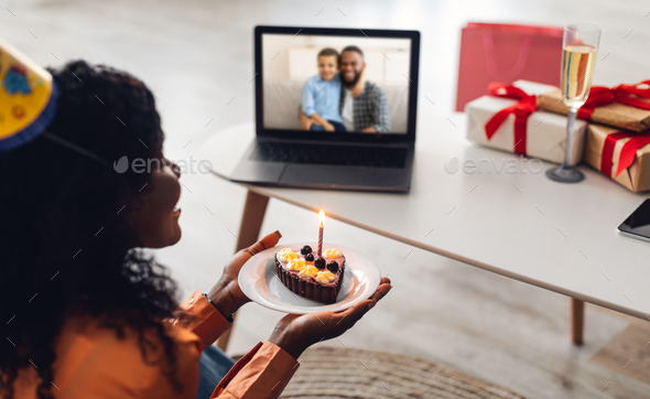Lady Having Video Call Holding Birthday Cake Near Laptop Indoor