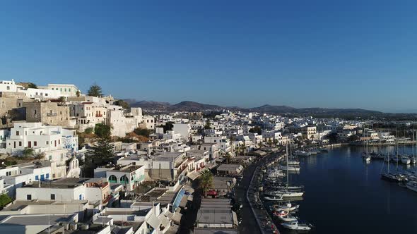Port of Chora on the island of Naxos in the Cyclades in Greece aerial view alt