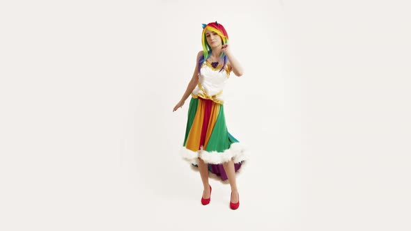 Cosplayer Flirting Caucasian Woman Rainbow Dash White Background Full Studio Shot alt
