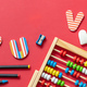 School supplies on red background. Education, Back to School, kids  creativity concept Stock Photo by rawf8