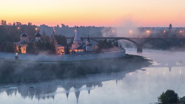 Fog Swirls Over the Volga River in Staritsa