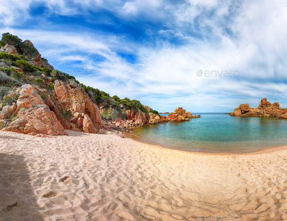 Breathtaking view of Li Cossi beach on Costa Paradiso resort. Stock ...