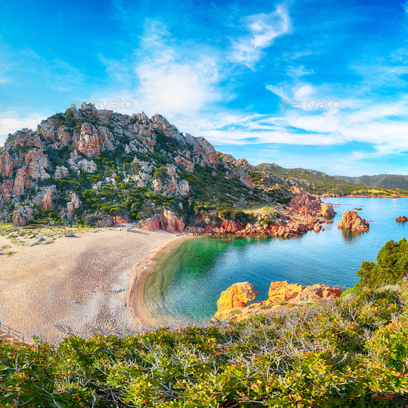 Captivating view of Li Cossi beach on Costa Paradiso resort. Stock ...