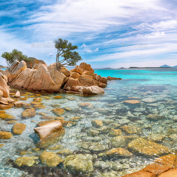 Astonishing view of Capriccioli beach in Costa Smeralda. - Stock Photo - Images