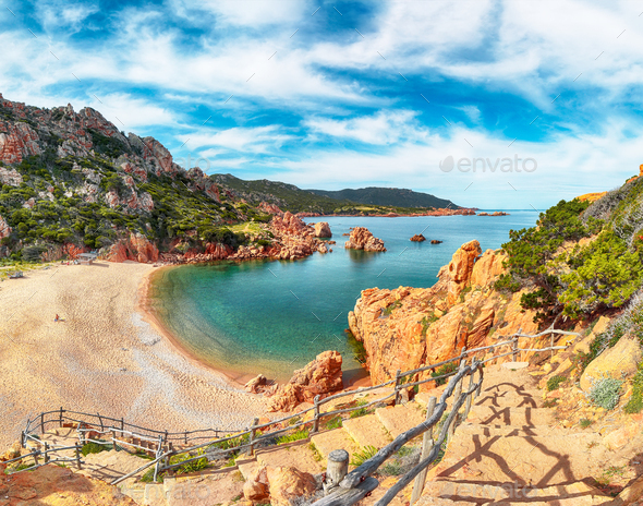Breathtaking view of Li Cossi beach on Costa Paradiso resort. - Stock Photo - Images