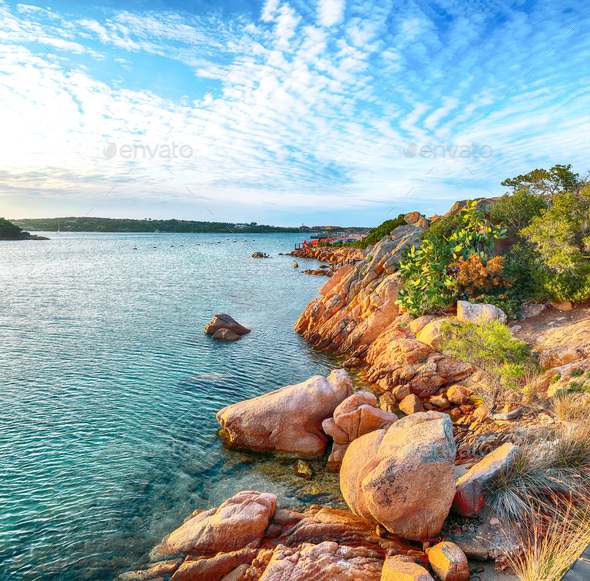 Gorgeous view of Porto Cervo at sunset - Stock Photo - Images
