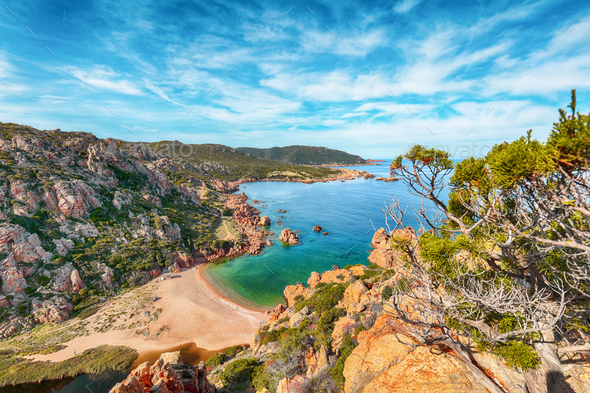 Breathtaking view of Li Cossi beach on Costa Paradiso resort. Stock ...