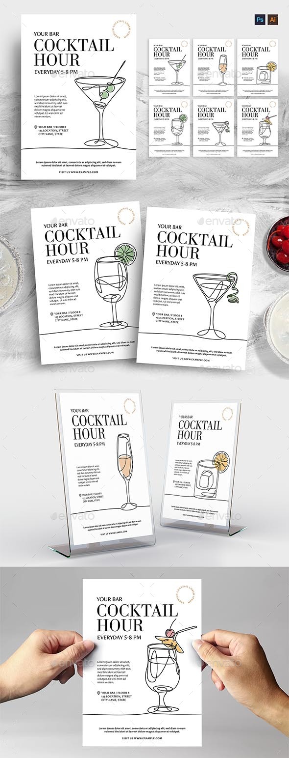 Cocktail Flyers with Continuous Line Illustrations