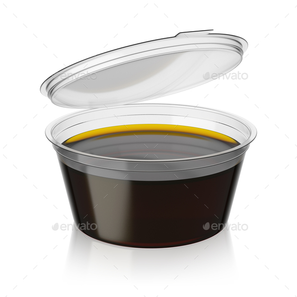 Open soy sauce container isolated on white. 3D rendering, Stock Photo