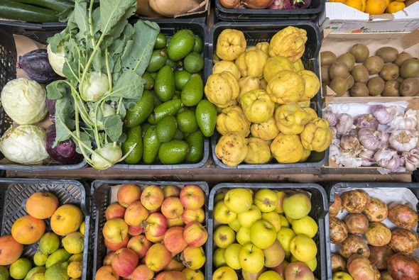 Top view of selections of healthy fruits and vegetables - Stock Photo - Images