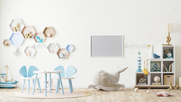 horizontal frame mock up in children's playroom interior with toys - Stock Photo - Images
