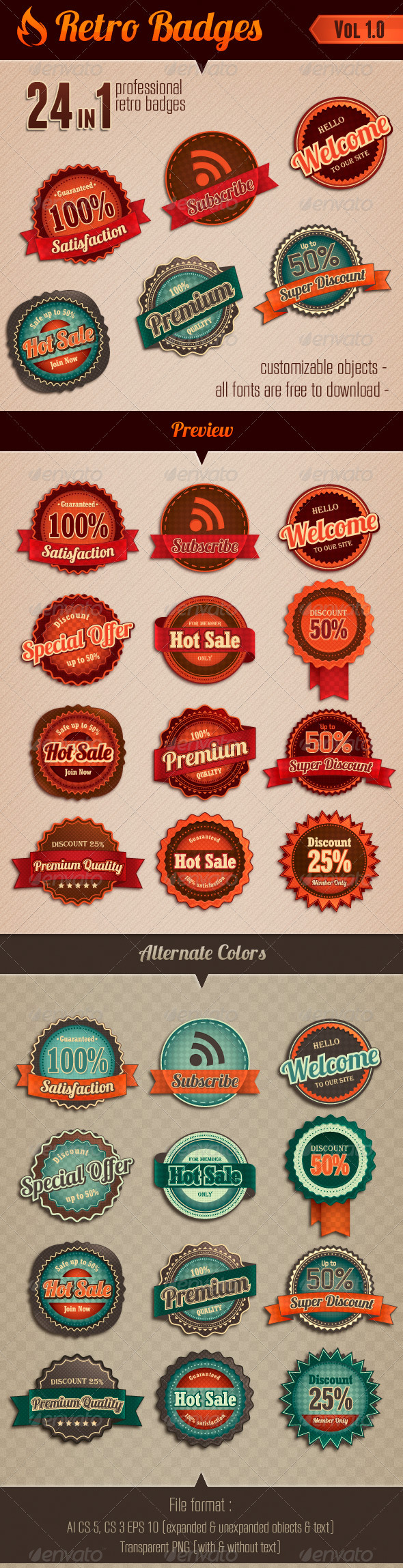 Retro Badges vol 1 - Badges & Stickers Web Elements