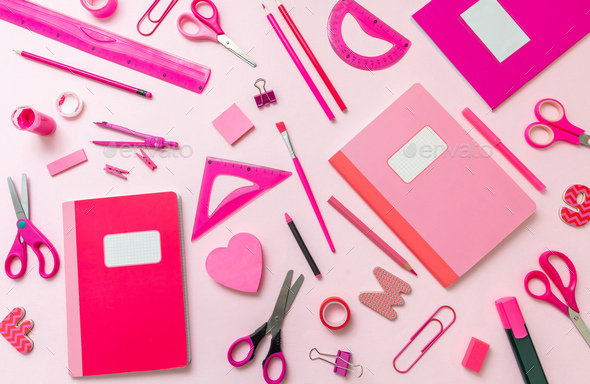 Lay with Pink School Supplies Isolated Stock Image - Image of clips,  knowledge: 177606521