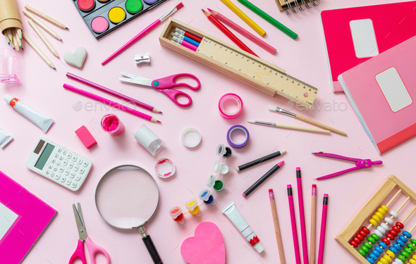 Different School Supplies On Pink Background Stock Photo, Picture