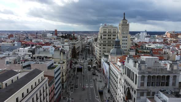 Madrid Aerial Cityscape with People Walking in Alcala Street Spain alt