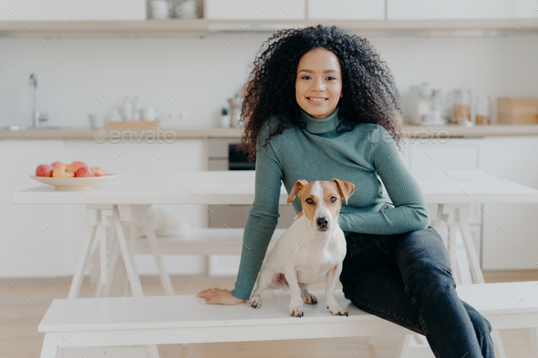 Happy housewife with Afro haircut, sits at bench with pedigree dog, have fun, pose in kitchen