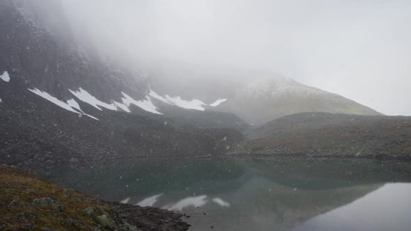 Snow is Falling on a Mountain Lake