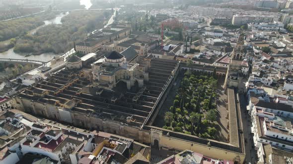 Aerial pan reveals layout of Mezquita-Catedral de Córdoba (UNESCO site); Spain
