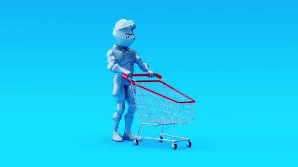 4K fun cartoon animation of a knight shopping alt