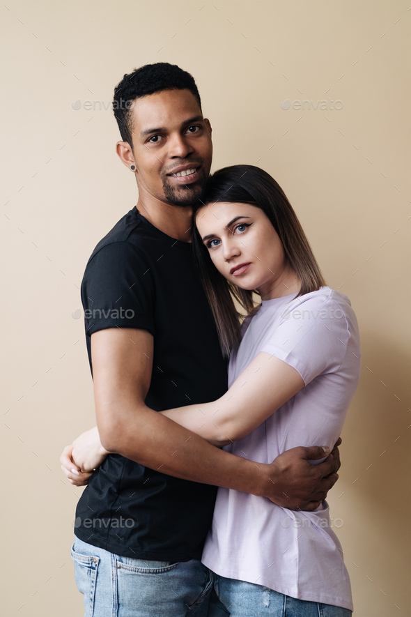 Afro american man caucasian woman black and white beautiful people mixed races portrait - Stock Photo - Images