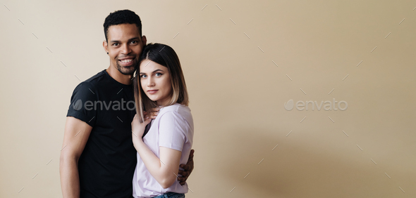 Afro american man caucasian woman black and white beautiful people mixed races portrait - Stock Photo - Images