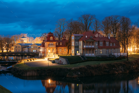 Kuressaare, Estonia. Old Wooden Mansion Ekesparre Boutique Hotel In Wooden Art Nouveau In Evening