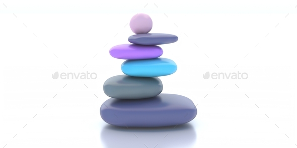 Balancing pebbles pyramid stacked smooth Zen stones isolated on white background. 3d illustration