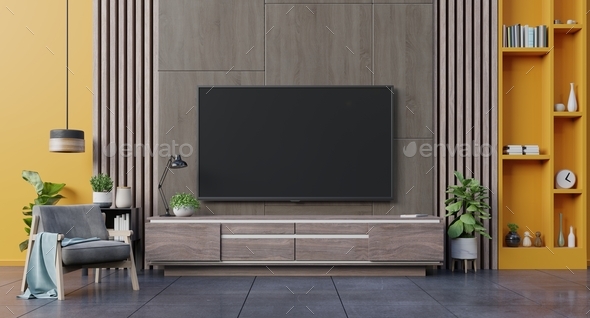 Modern living room interior armchair ,TV on cabinet in modern living room - Stock Photo - Images