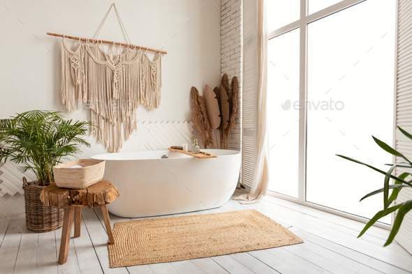 Cozy Empty Modern Bathroom Background With White Bathtub And Window