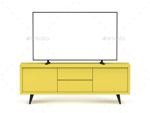 Yellow tv cabinet with flat screen tv