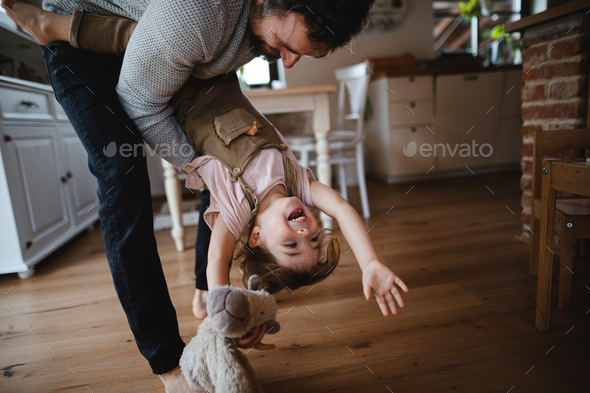 Mature father with small daughter playing indoors at home, holding her upside down
