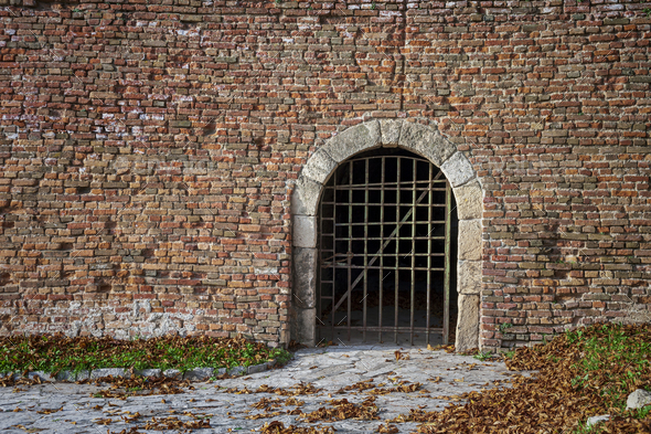 Medieval Fortress Dungeon Door with Iron Bars in Brick Wall