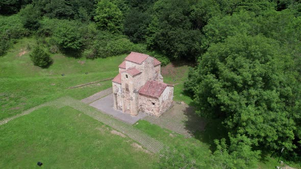 Aerial view of San Miguel de Lillo cathedral in north Spain. Landmark tourism in the outdoors. alt
