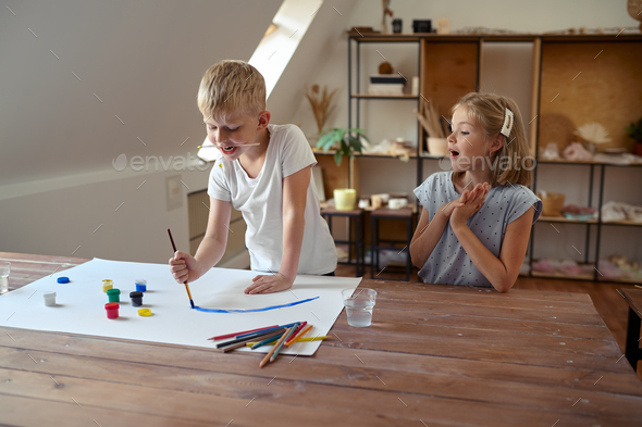 Boy And Girl Drawing With Gouache In Workshop Stock Photo By Nomadsoul1