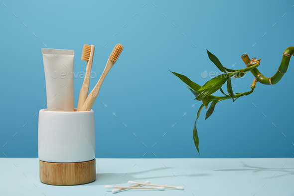 holder with toothbrushes, toothpaste in tube, ear sticks and green bamboo stem on table and blue