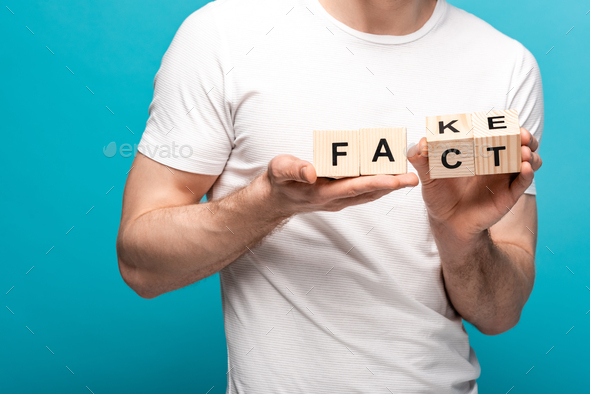 partial view of man holding wooden cubes with fake fact lettering on blue background