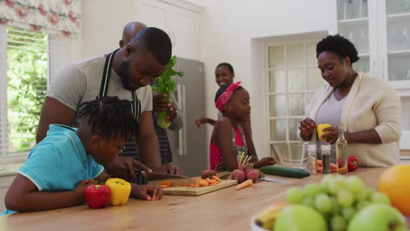 Three generation african american family working together in the kitchen at home alt