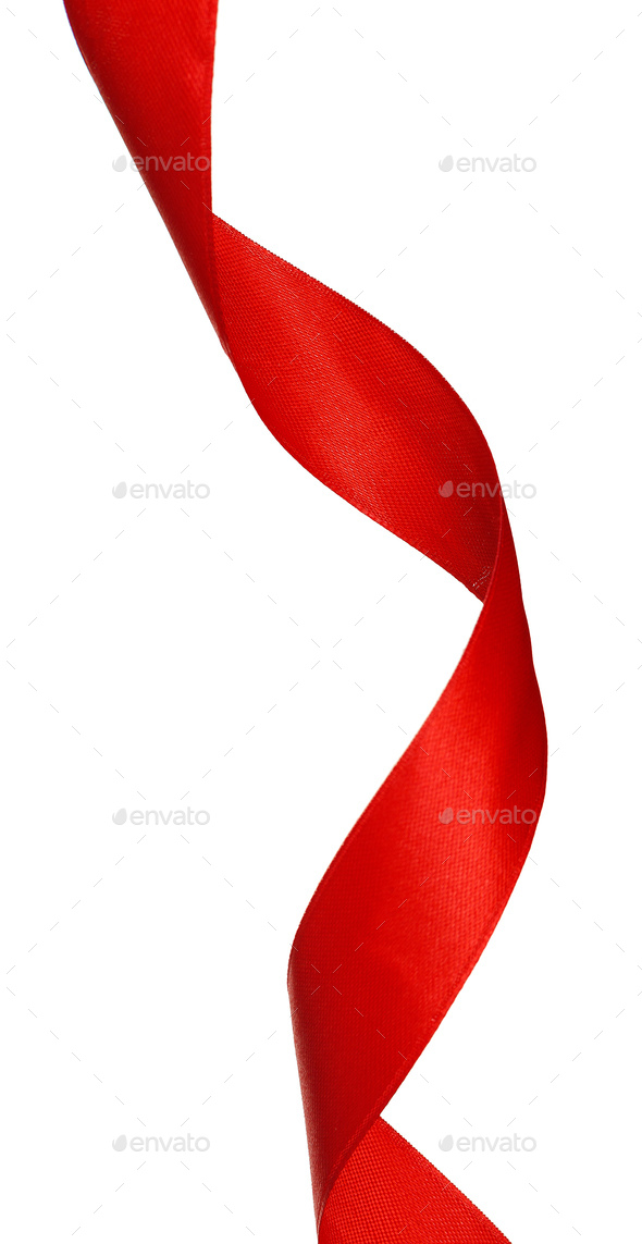 close up of curved satin red ribbons on red background Stock Photo