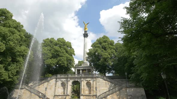 Fountain in front of the Angel of Peace monument