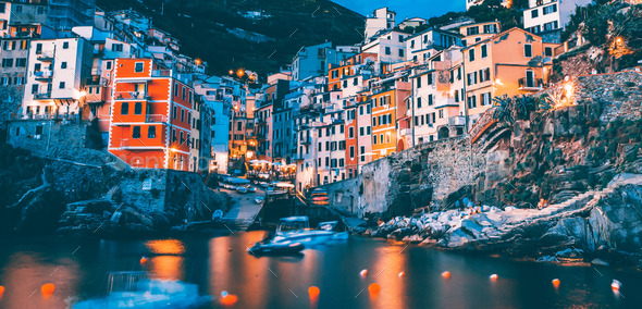 Riomaggiore at blue hour - Stock Photo - Images