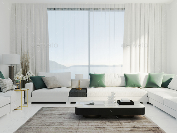 Bright modern living room with white sofa and green pillows, luxury and elegant living room mock up